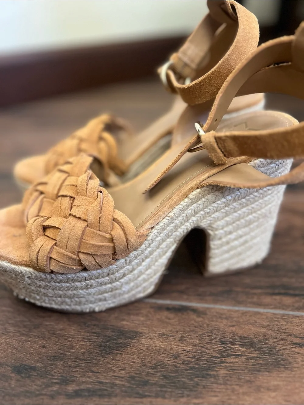 Marc Fisher Tan Suede Braided Platform Wedge Sandals